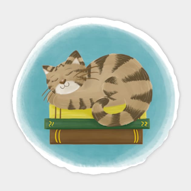 Cute cat sleeping on books Sticker by AbbyCatAtelier